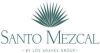 A logo showing a teal sunburst/crest with the text “Santo Mezcal” and a smaller tagline underneath, all on a black background.