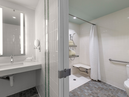 A modern, accessible bathroom featuring a white-tiled area, a single sink with a backlit mirror, a glass shower stall, a shower chair, and a raised toilet with a grab bar.