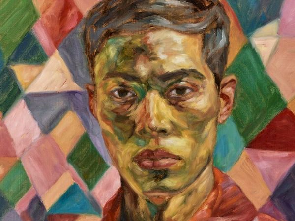 A painted portrait of a young man with a colorful, abstract geometric background, using bold brushstrokes and varied hues.