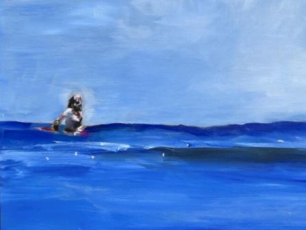 A lone surfer sits on a small wave in a vast blue ocean under a pale blue sky, painted in bold, impressionistic strokes.