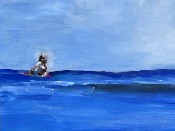 A lone surfer sits on a small wave in a vast blue ocean under a pale blue sky, painted in bold, impressionistic strokes.