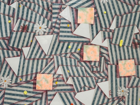 A chaotic collage of striped triangles, pink squares, white triangles, daisies, and scattered yellow dots creating a vibrant geometric jumble.