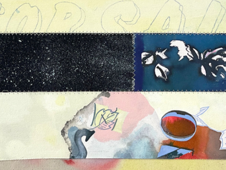 Abstract collage: layered strips, dark band, blue patterned block, torn pastel shapes, hints of leaves, pencil script faint above, mixed textures.