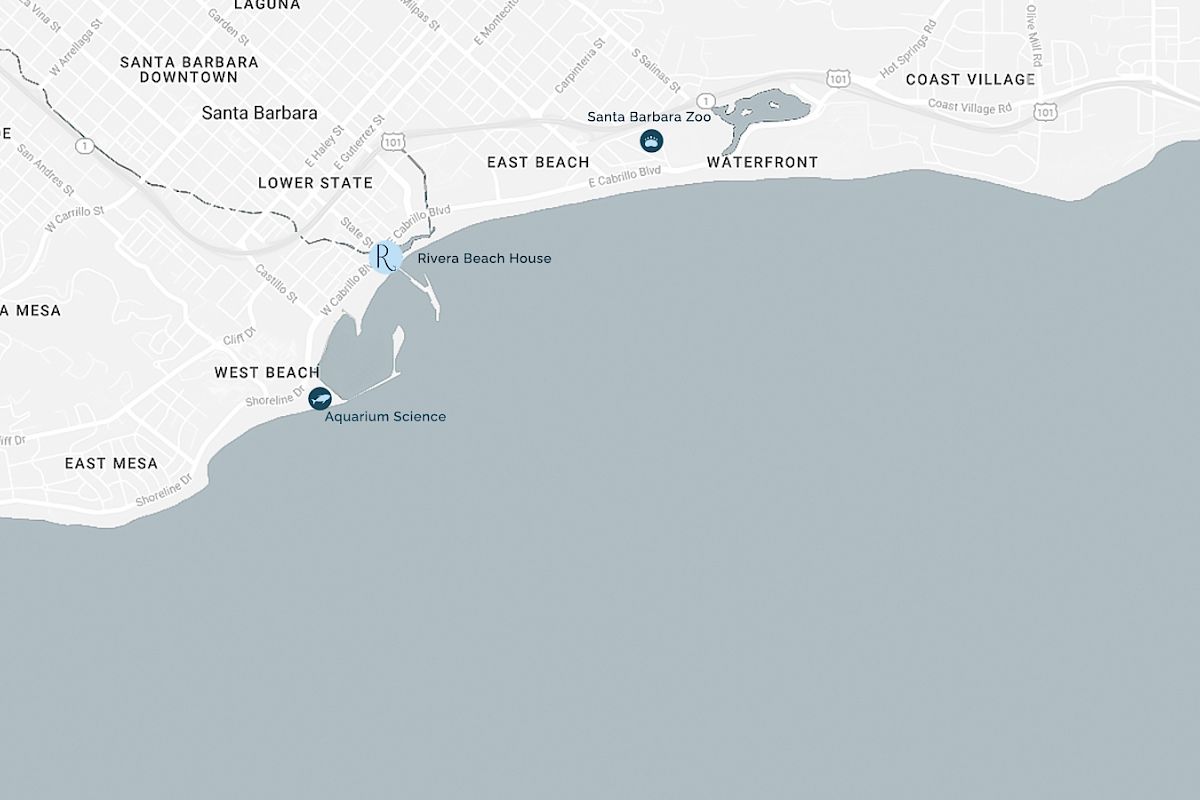 A coastal map view of Santa Monica/Long Beach area with labels, showing the shoreline and a few markers by the water.
