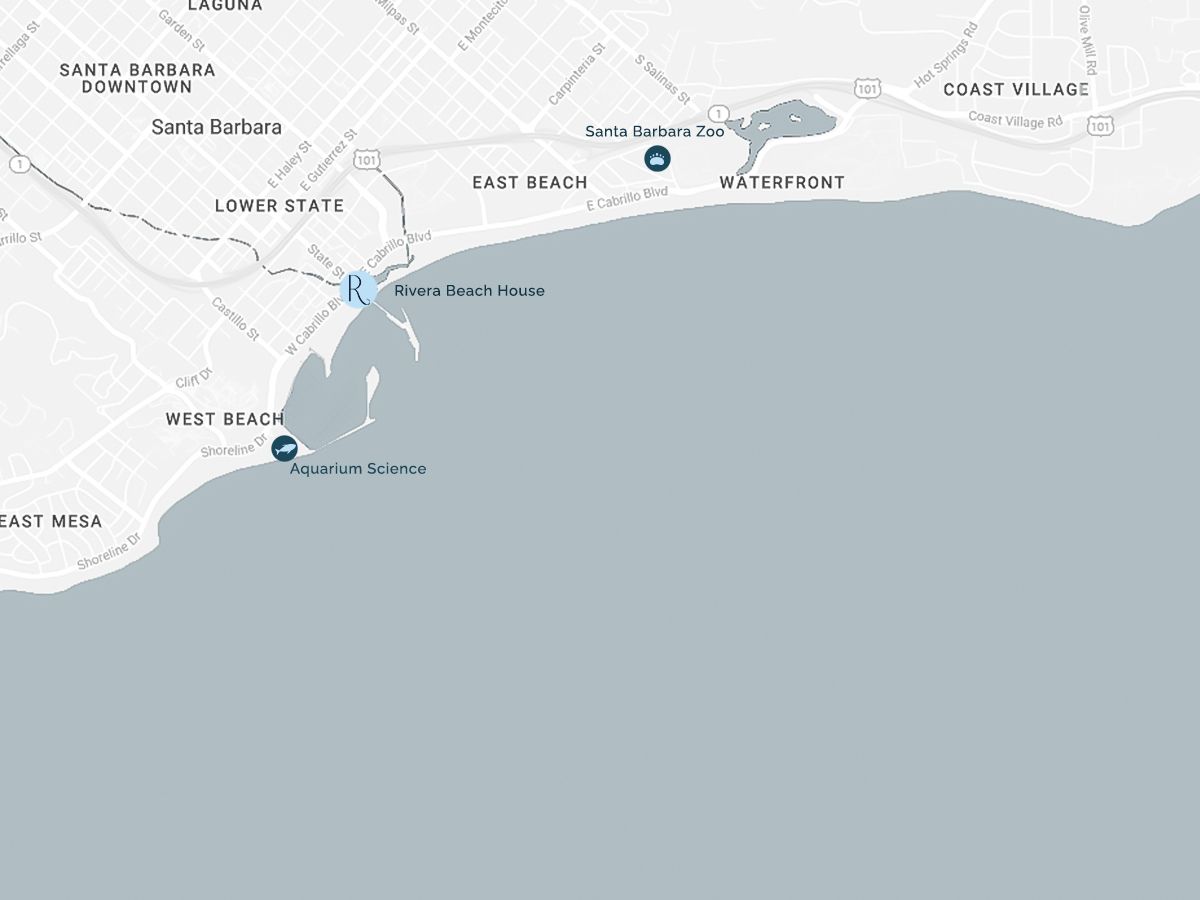 A coastal map view of Santa Monica/Long Beach area with labels, showing the shoreline and a few markers by the water.