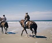 Two helmeted riders on horseback trot along a sandy beach with waves under a clear sky.