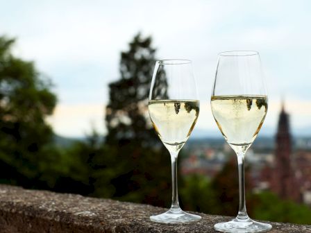 Two glasses of white wine sit on a stone ledge as the scenery stretches behind them in soft sunlight.