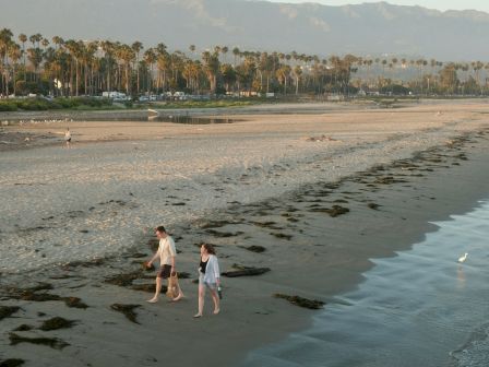 A couple walks along a sandy beach with seaweed, palm trees, and distant mountains in the sunset haze.
